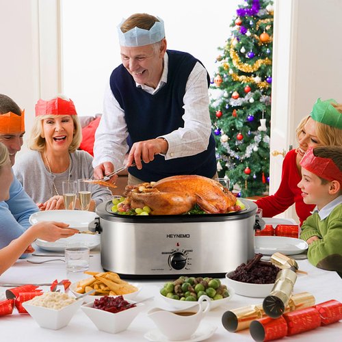 Electric Roaster Oven 26 Quart, Electric Turkey Roaster with Viewing & Self-basting Lid, Large Roaster Pan with Defrost & Warm Function, Stainless Steel Turkey Roaster Oven, Silver