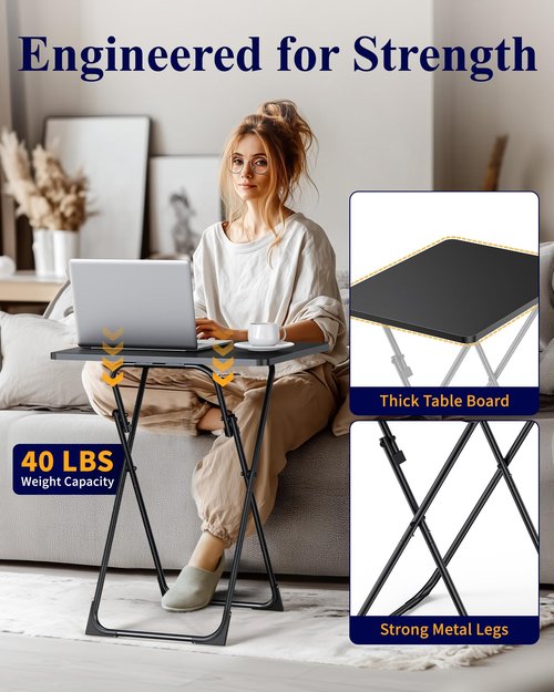 Kitsure TV Tray - Foldable TV Trays Set of 2 with Corner Stabilizers, Waterproof & Scratch-Resistant TV Dinner Tray Table for Living Room, Bedroom, Office, Picnic, 16.9"×13.0"×24.2", Black