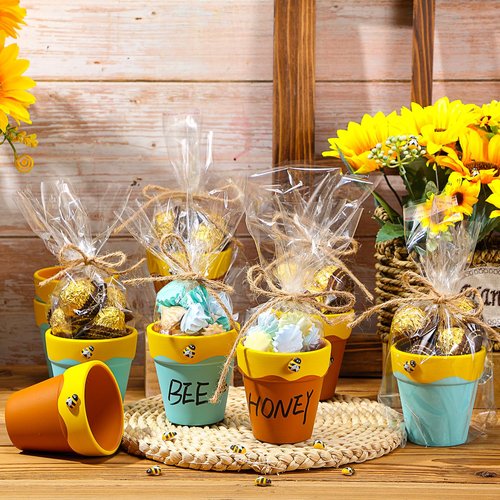Leinuosen 12 Pcs Honey Bee Pot, 3 Inch Honey Jars for Cupcake, Planter, Bee Themed Party Favors for Baby Shower 1st Birthday Party Supplies and Wedding Gifts (Yellow and Brown)