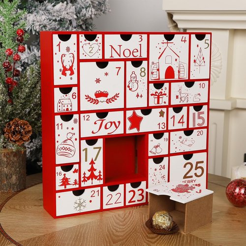 Juegoal Red Advent Calendar - 11.8 Inch Wooden Christmas Countdown with 25 Large Drawers | Hand-Painted Holiday Decor