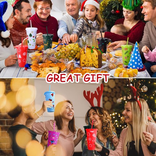 Honeydak 50 Pcs 24oz Christmas Cup Bulk Gift Tumbler with Straw and Lid Coffee Cups with Lids Holiday Gifts Bulk Reusable Plastic Water Bottle Iced Coffee Travel Mug for Party Birthdays