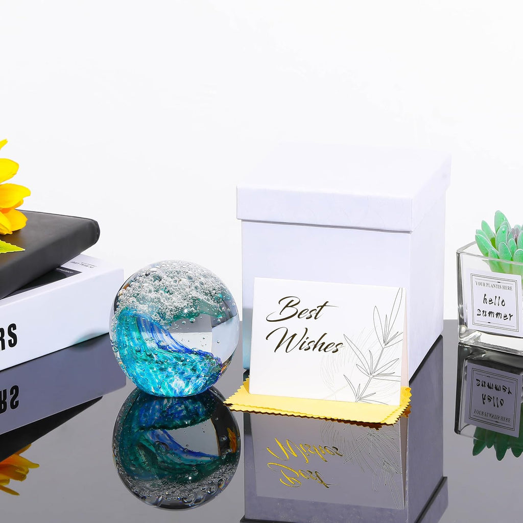 Qianwei Hand Blown Ocean Waves Crystal Ball - Unique Glass Collectible Sphere for Home & Office Decor