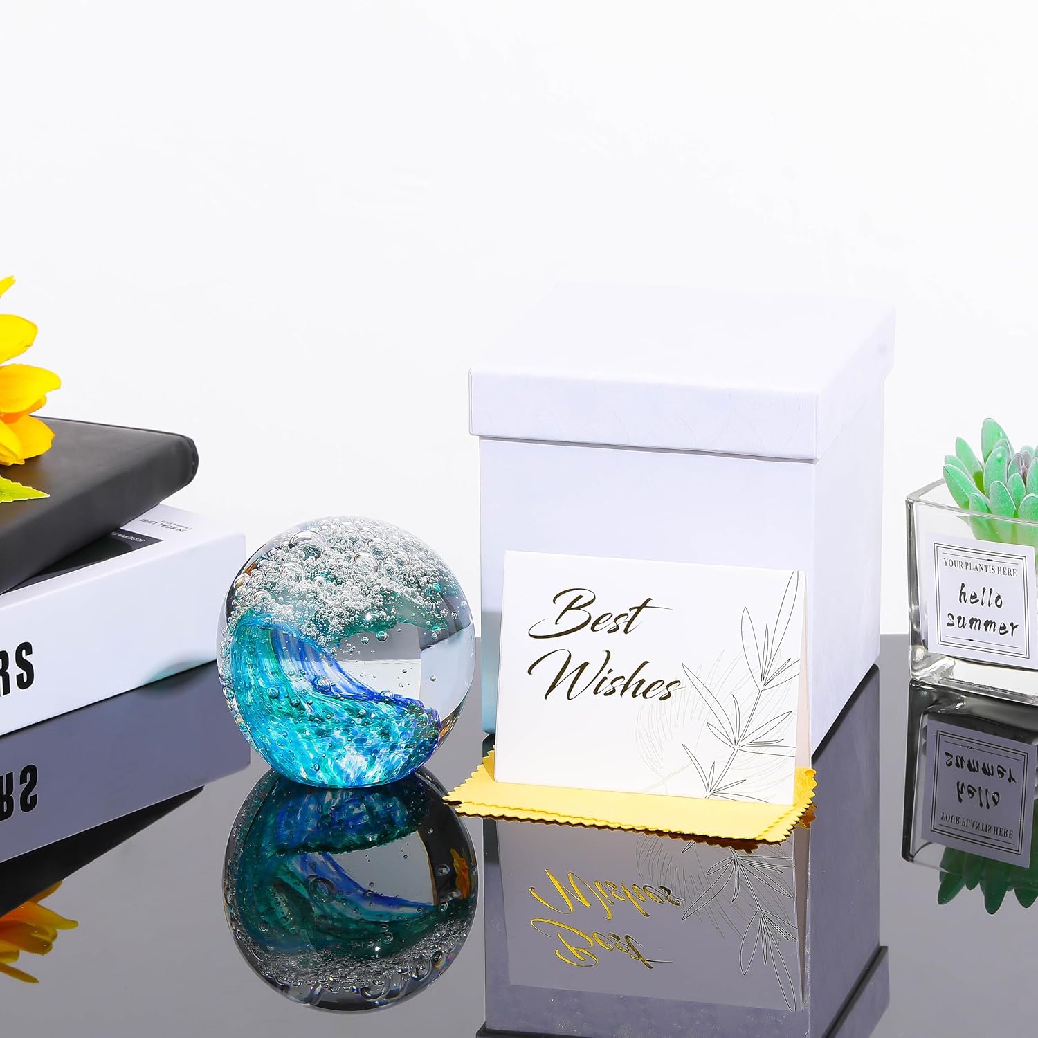 Qianwei Hand Blown Ocean Waves Crystal Ball - Unique Glass Collectible Sphere for Home & Office Decor
