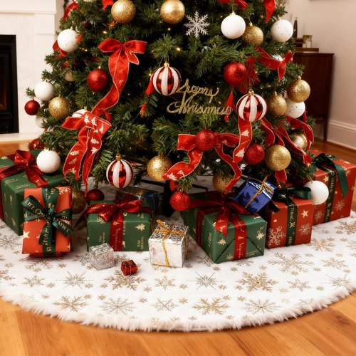 White Fluffy Christmas Tree Skirt, 36 Inch Luxury Plush Christmas Tree Bottom Base Cover with Gold Snowflakes for Xmas New Year Home Party Decorations