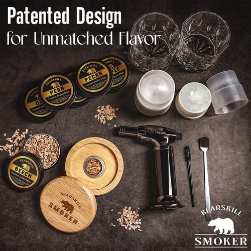 Whiskey Smoker Kit with Torch - 6 Natural Wood Chips Flavors, 2 Glasses, 2 Ice Molds - Cocktail Smoker Infuser Kit, Old Fashioned Smoker Kit, Birthday Bourbon Whiskey Gifts for Men, Dad(No Butane)