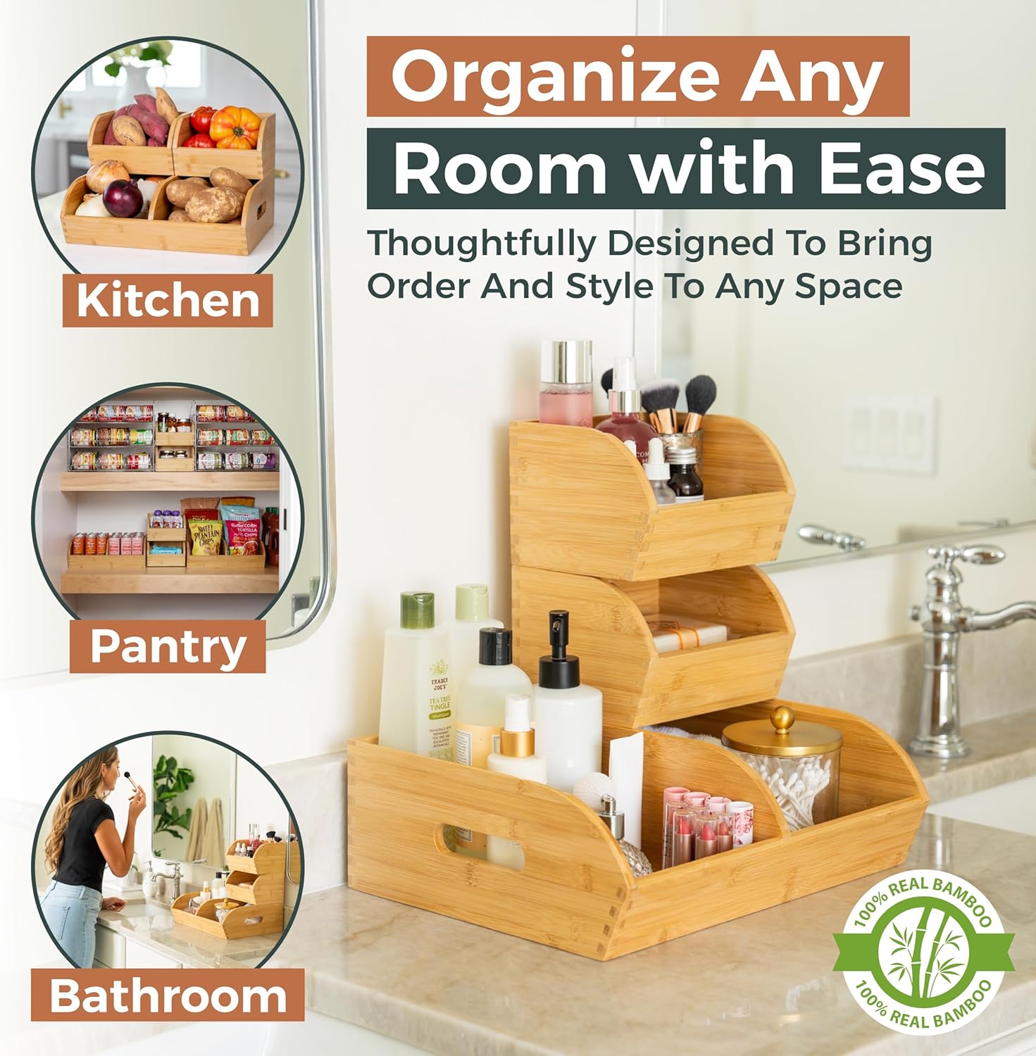 Skiennix Potato and Onion Storage Bin - Ventilated Bamboo Organizer Baskets | Stackable 3-Pack for Kitchen & Pantry