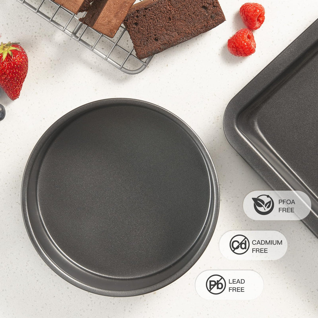 HONGBAKE 6 Inch Round Cake Pan Set for Baking with Healthy Parchment Paper, Nonstick Deeper Circle Cake Pans with Wider Grips, 3 Pieces Premium Layer Cake Tin, Cheesecake Mold, Huty Duty - Grey