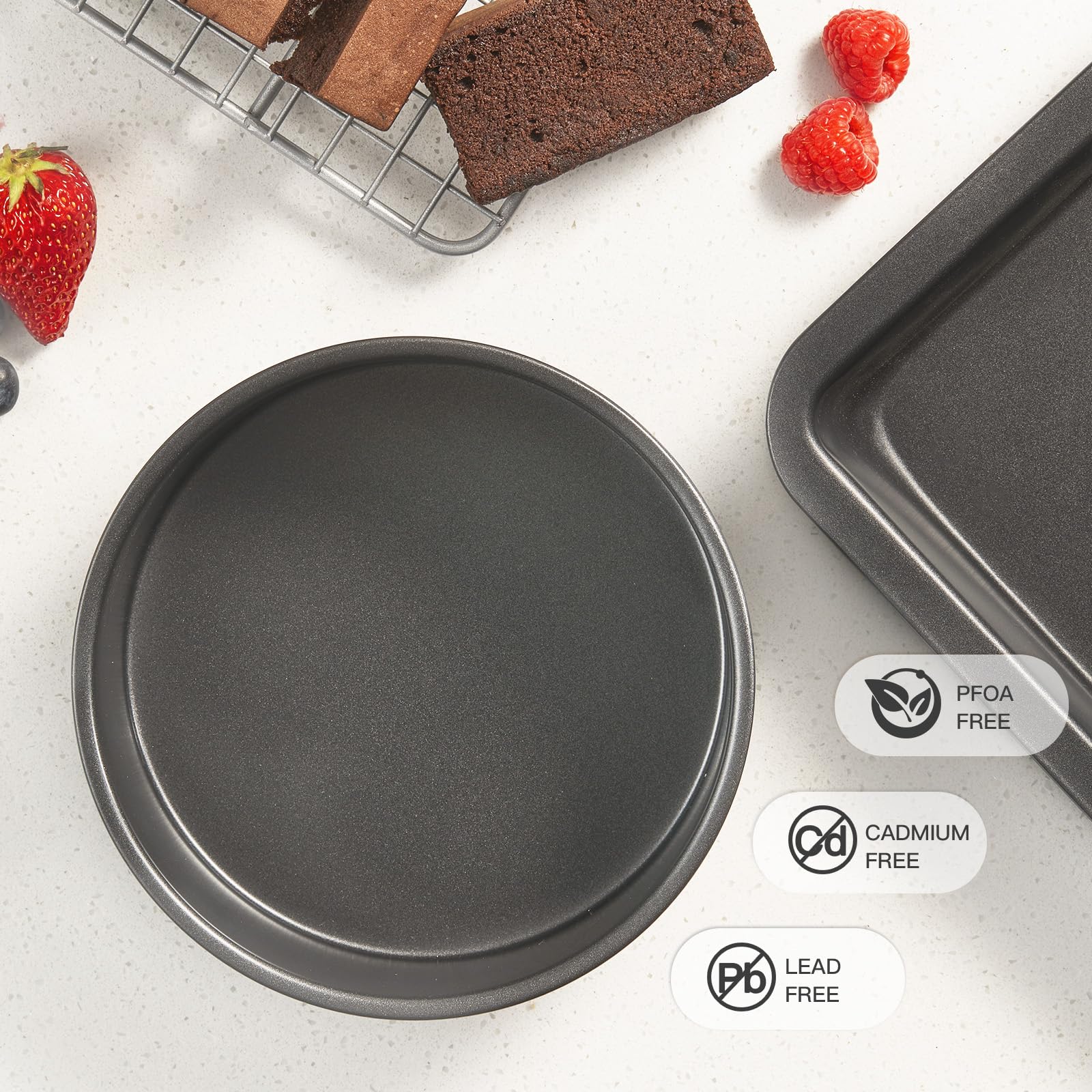 HONGBAKE 6 Inch Round Cake Pan Set for Baking with Healthy Parchment Paper, Nonstick Deeper Circle Cake Pans with Wider Grips, 3 Pieces Premium Layer Cake Tin, Cheesecake Mold, Huty Duty - Grey