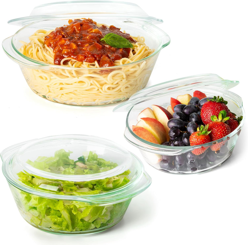Moss & Stone 6-Piece Clear Glass Casserole Dishes Set - Durable Tempered Bakeware with Lids | Microwave Safe, 3 Round Sizes