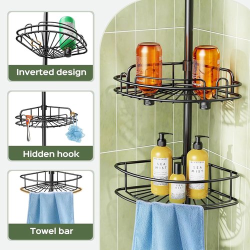 HAMITOR Corner Shower Caddy | 4-Tier Rust-Resistant Bathroom Organizer - Adjustable 47-121 Inch - No-Drill Quick Installation - Space-Saving Black Shelves