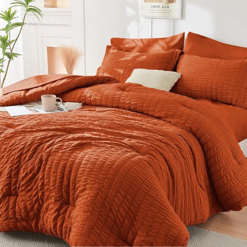 HYMOKEGE Twin Comforter Set - Burnt Orange Seersucker 5-Piece Luxury Bedding Set | All-Season Comfort