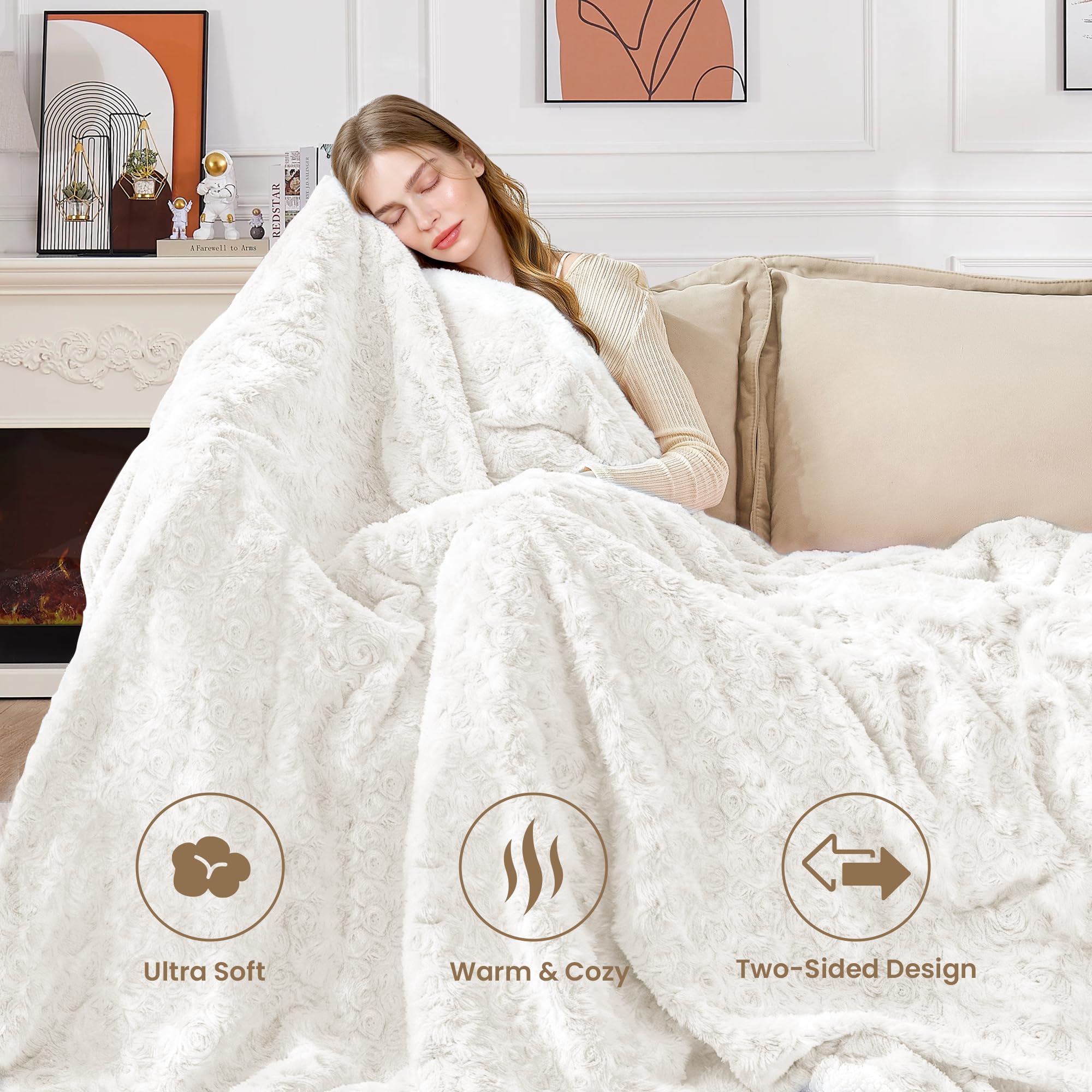 VFROO Double-Sided Faux Fur Throw Blanket, Fuzzy Soft Plush Thick Warm Fluffy Shaggy Fuzzy Blanket for Couch, Sofa, Bedroom, Luxury Blanket Valentines Day Gifts for Her, White, 50"x60"