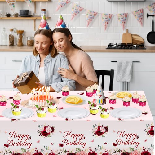 Avezano 3 pcs Burgundy Birthday Tablecloths 108x54 inch Red Pink Floral Birthday Party Decorations Burgundy Rose Bday Table Covers Disposable for Women Girls