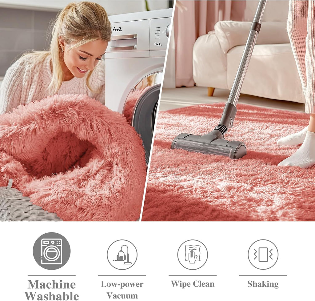 OLANLY Round Rust Red Area Rug - Soft, Fluffy, Machine Washable 5 ft Circle Carpet for Bedroom & Living Room