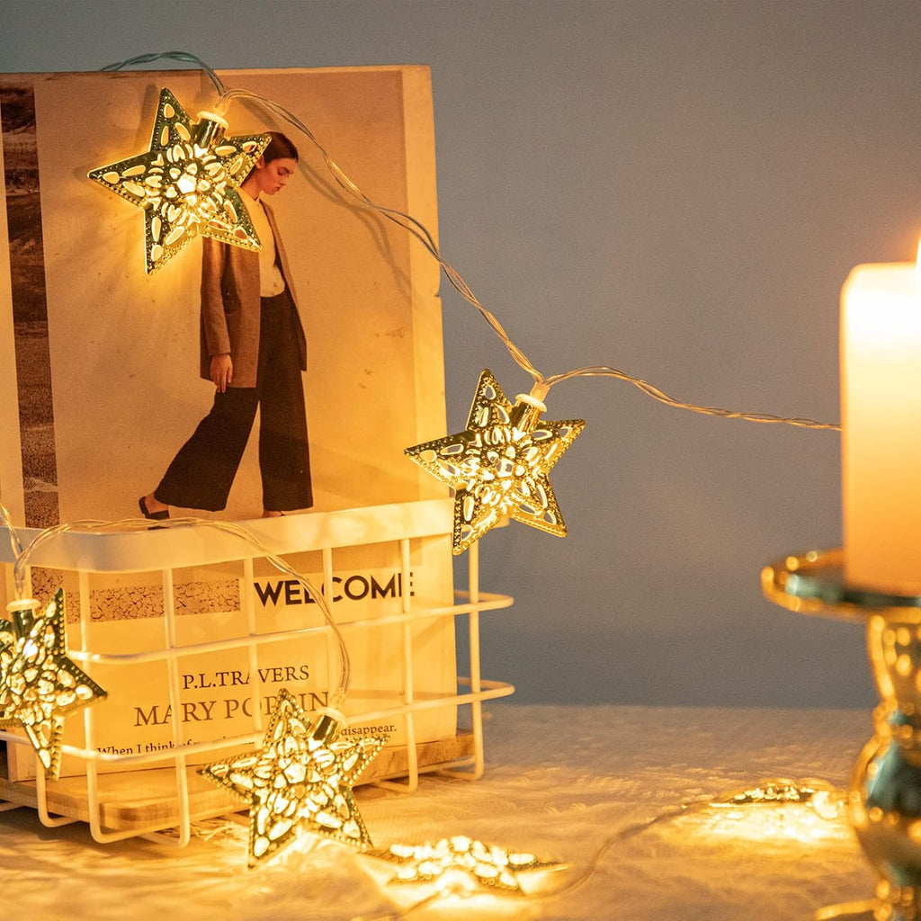 Vigdur 10Ft Star String Lights - 20 LED Battery Operated Fairy Lights with Timer | Perfect for Ramadan & Eid Decor