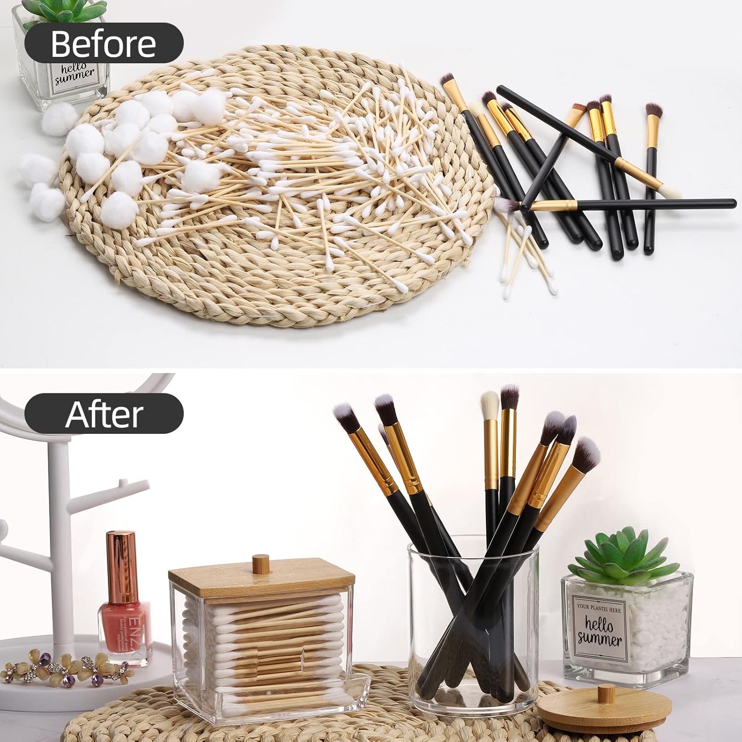 Tbestmax Cotton Swabs Holder - Stylish Apothecary Jar Organizer with Wood Lid | 10/7 Oz Capacity