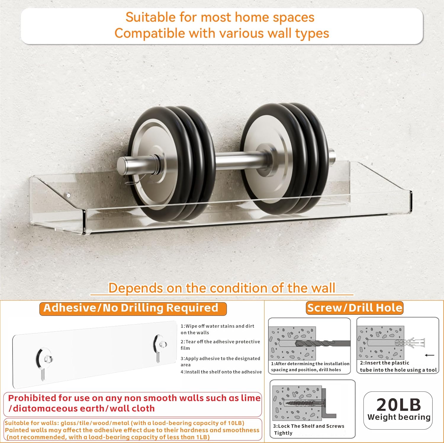 Yieach 4-Pack Adhesive Clear Shower Shelves - No Drill Acrylic Wall Caddy for Makeup & Shampoo Storage