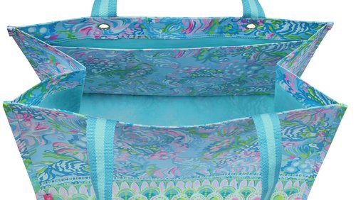 Lilly Pulitzer Blue/Green XL Market Shopper Bag, Oversize Reusable Grocery Tote with Comfortable Shoulder Straps, Aqua La Vista