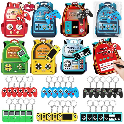 AuroTops Valentines Day Cards for Kids School,30 Pack Video Games Keychains with Valentines Cards for Kids Classroom Exchange Gift Valentine's Day Gifts Party Favors Boys Girls Classroom Prizes Bulk