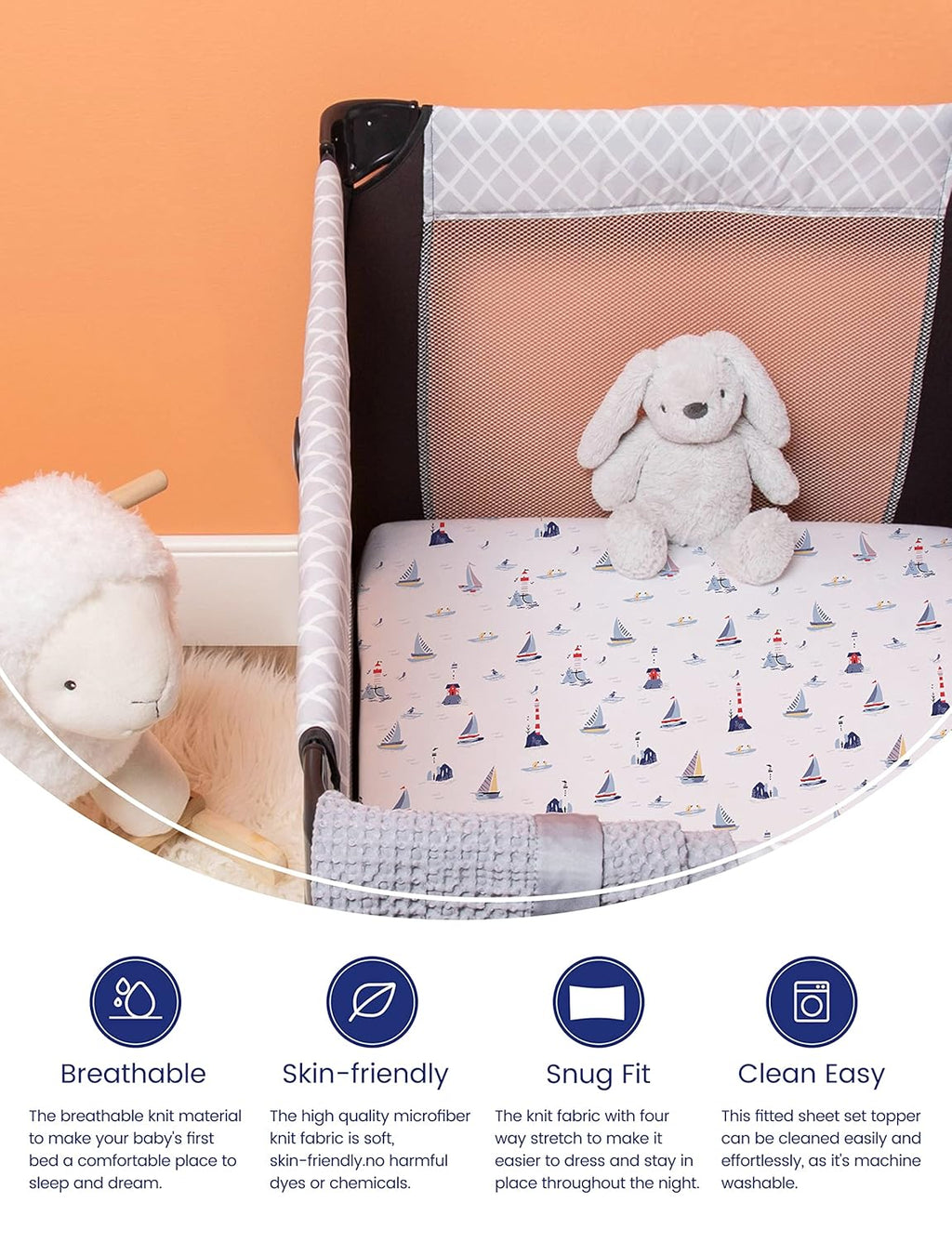 TotAha Premium Stretchy Pack N Play Playard Sheets - Hypoallergenic Mini Crib Sheets (2-Pack) | Silky Soft, All-Season Jersey-Knit 38 x 24 (Balloon & Sailboat)
