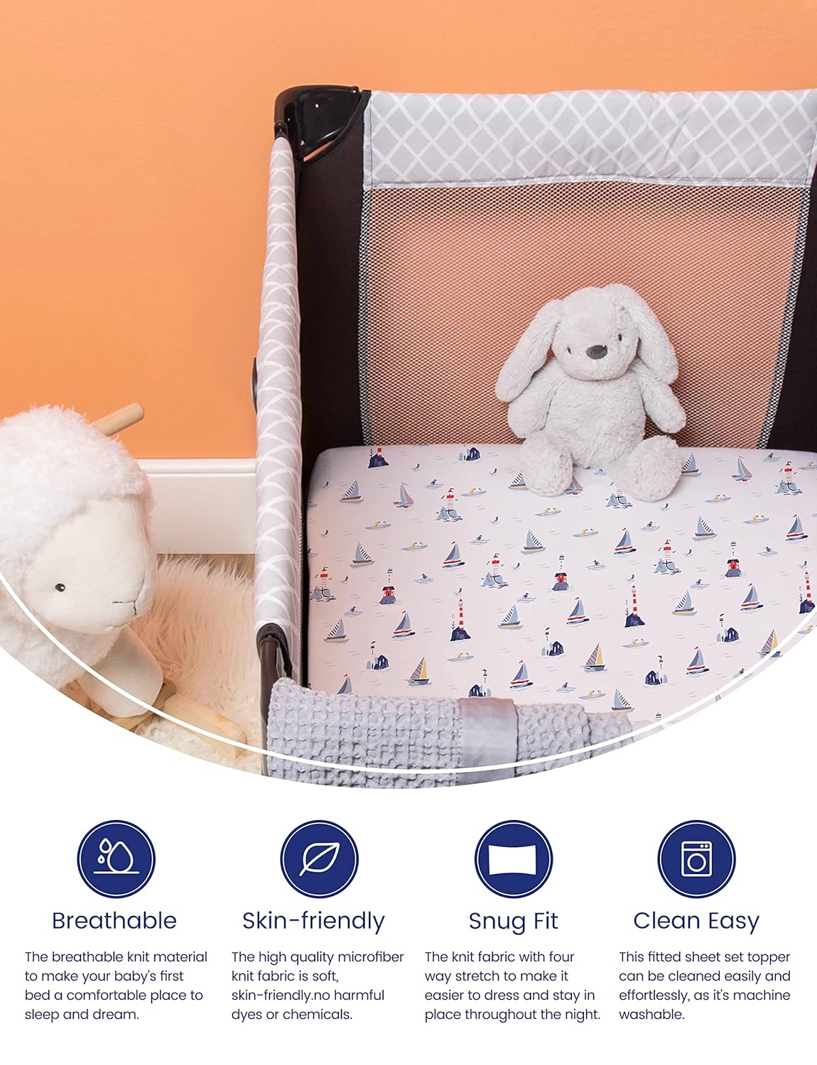 TotAha Premium Stretchy Pack N Play Playard Sheets - Hypoallergenic Mini Crib Sheets (2-Pack) | Silky Soft, All-Season Jersey-Knit 38 x 24 (Balloon & Sailboat)