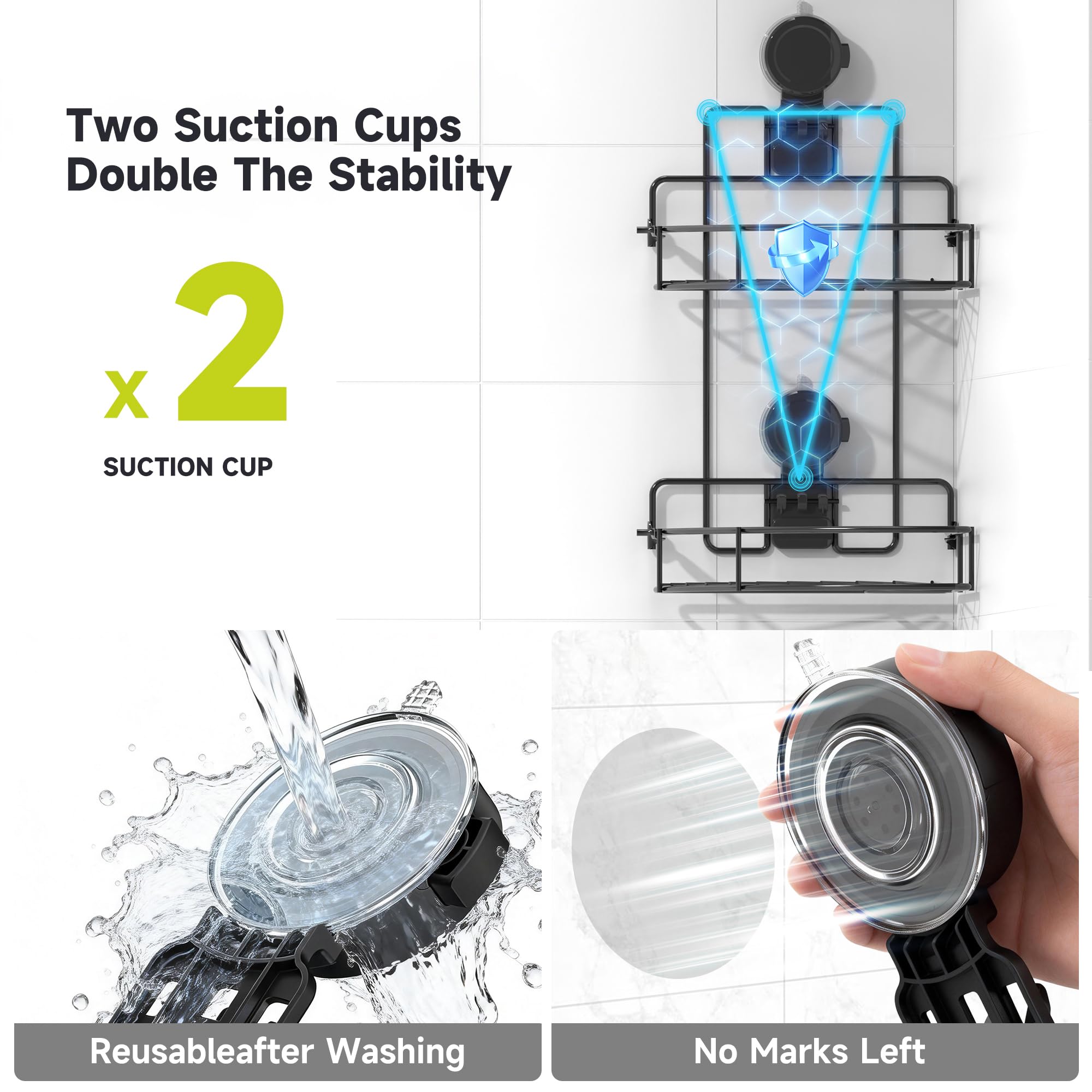 BANGMANG Shower Caddy Suction Cup, 2 Pack Suction Shower Shelf, NO-Drilling Bathroom Holder, Rustproof Bathroom Organizer for 90° Wall Corner, Black