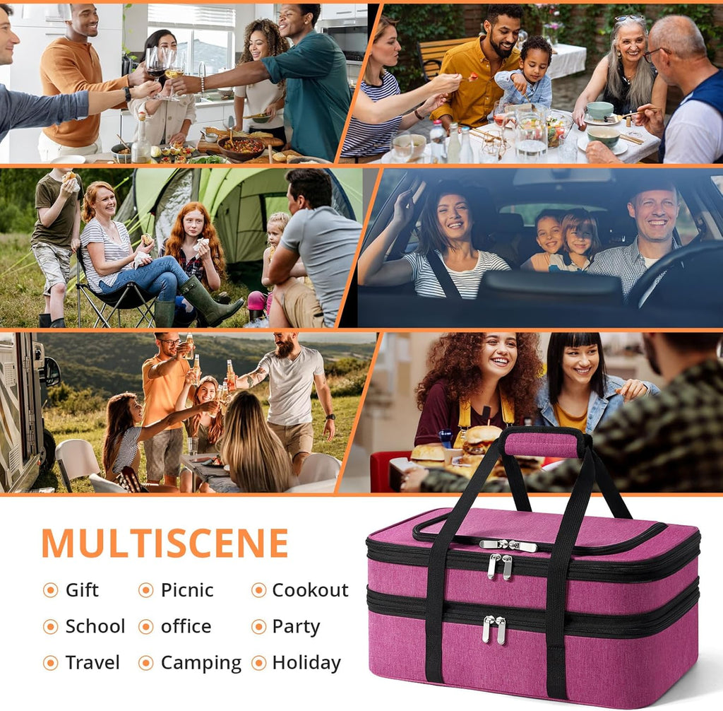 Skiennix Insulated Double Casserole Carrier - Portable Hot/Cold Food Tote for Potlucks | Fits 9" x 13" Dish - Pink
