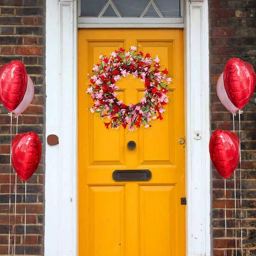 Sggvecsy 20in Valentine's Day Wreath Artificial Pink Red Forsythia Spring Summer Fake Silk Wreath with Heart Berries Green Leaves for Gifts Festival Front Door Window Wall Farmhouse Decor