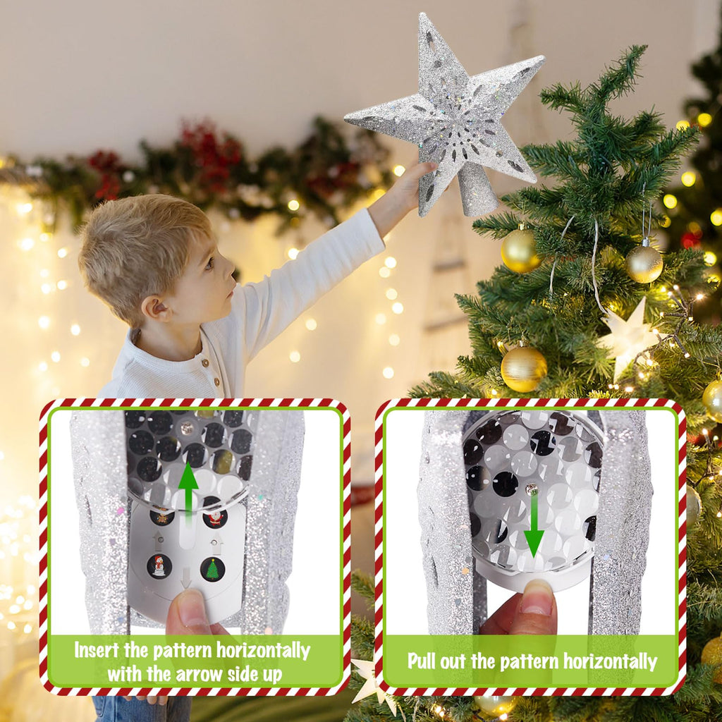 Tsorode Christmas Tree Topper Lighted,Star Tree Topper with Projector Built-in LED Rotating Lights with 6 Projection Modes,3D Glitter Dynamic Projection Christmas Decorations (Silver)