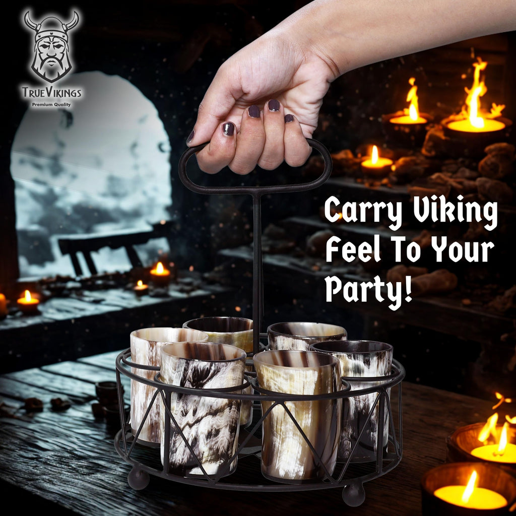TRUE VIKING Drinking Horn Cup Set of 6 – Unique Viking Gifts for Men, Dad, Husband – Natural Ox Horn Shot Glasses with Thor Bottle Opener & Metal Caddy – Leak-Proof – For Beer, Ale, Mead (5 oz/Glass)