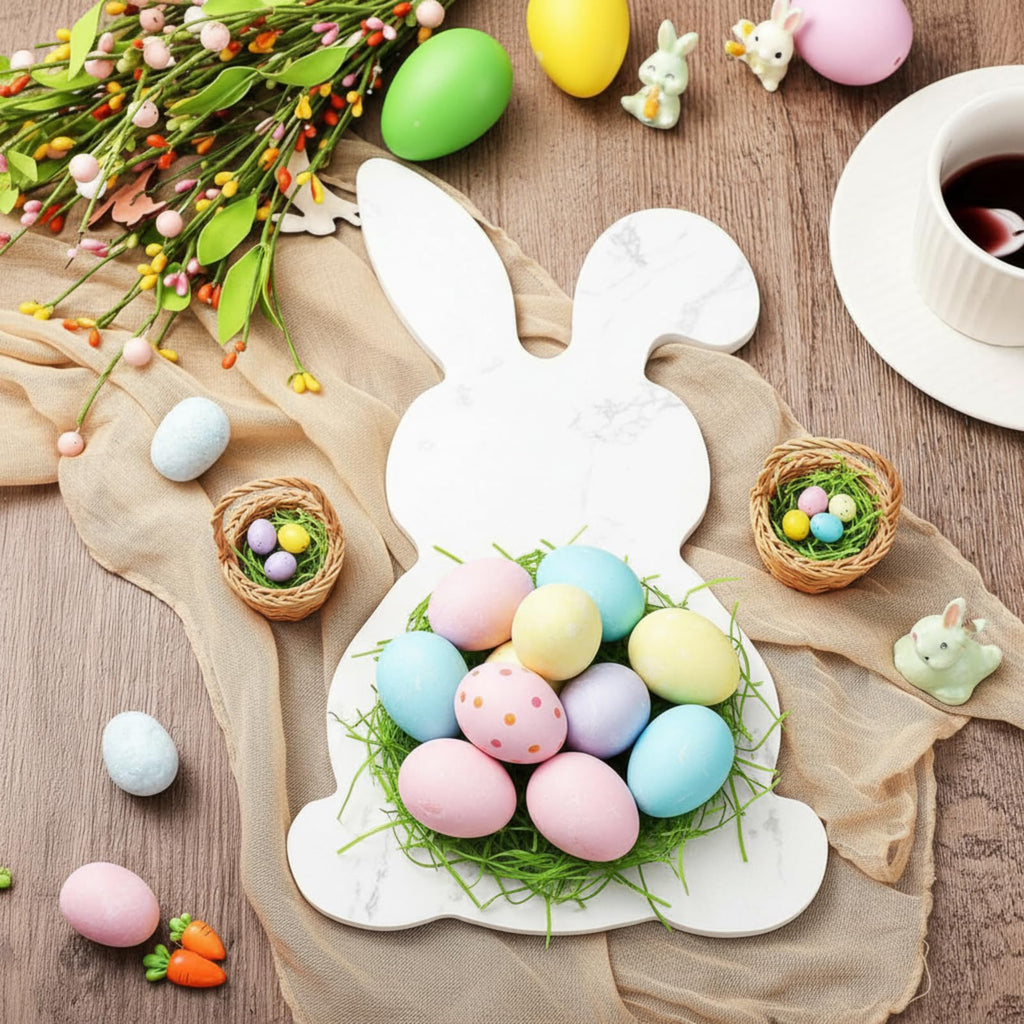 Reallnaive Easter White Bunny Cheese Board 11.8 x 7 Inch Charcuterie Cutting Board Large Decorative Stone Food Plate Tray for Easter Decoration Charcuterie Kitchen