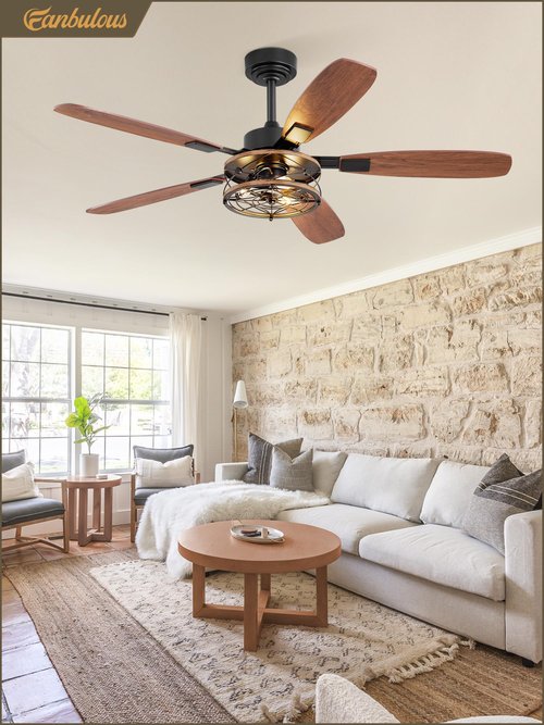 52 Inch Farmhouse Ceiling Fan with Light and Remote, Black Industrial Caged Flush Mount Ceiling Fans with 6 Speed Reversible Motor and Dual Finish 5 Blades, Rustic Ceiling Fan for Living room, Bedroom
