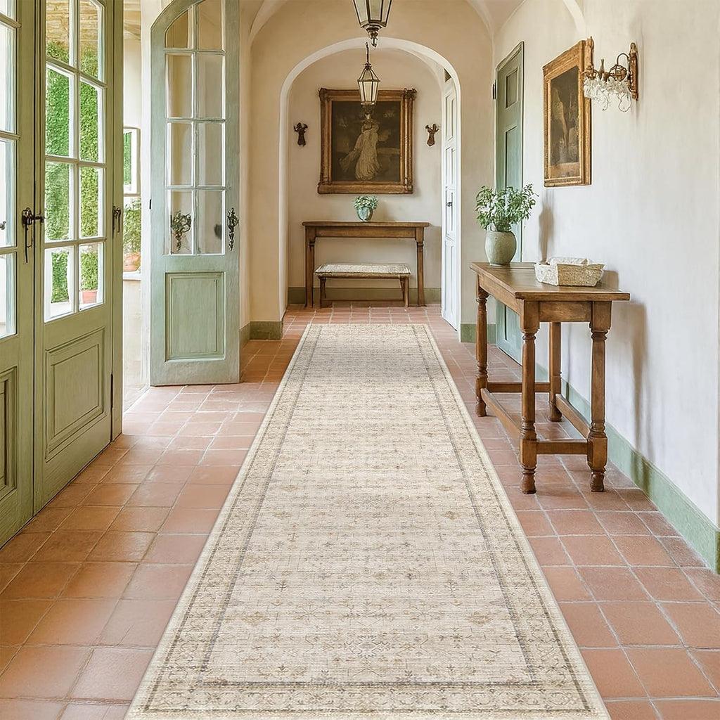 Beige Floral 3x12 Washable Hallway Runner Rug - Non-Slip Low-Pile Vintage Oriental Carpet