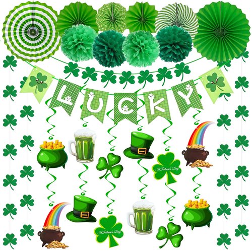 Butie 41 Pcs St Patricks Day Decorations, Pre-Assembled Shamrock Banner Garland, Hanging Swirls, Paper Fans & Pompoms for Office & Home Wall Door, Irish Party Supplies