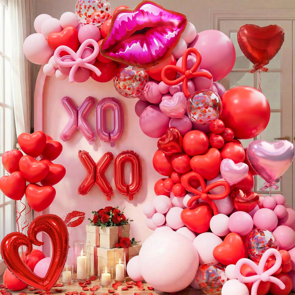 Pink and Red Balloon Garland Arch Kit, Coquette Birthday Decorations with 570pcs Red Pink Heart Confetti Balloons, Heart Lip XOXO Star Foil Balloons, Rose Petals for Wedding Romantic Decorations