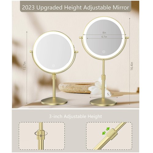 MIROAMZ 8" Lighted Makeup Mirror, 1X/10X Magnification Mirror with Lights, Double Sided Dimmable Mirrors, Rechargeable & Brightness & Height Adjustable, Cordless Vanity Mirror(Gold)