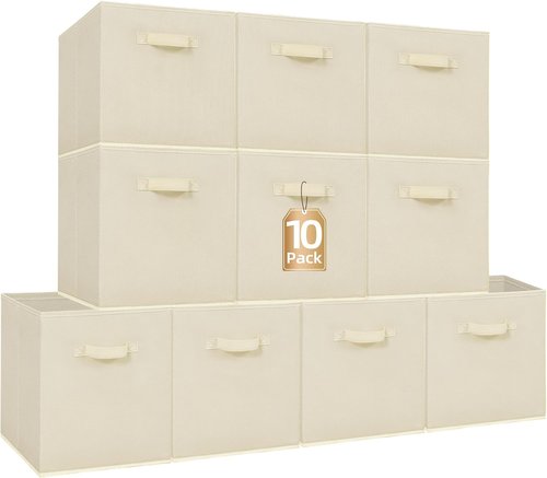 **Storage Maniac 13-Inch Collapsible Storage Cubes - 10-Pack Durable Fabric Bins for Organization | Beige**
