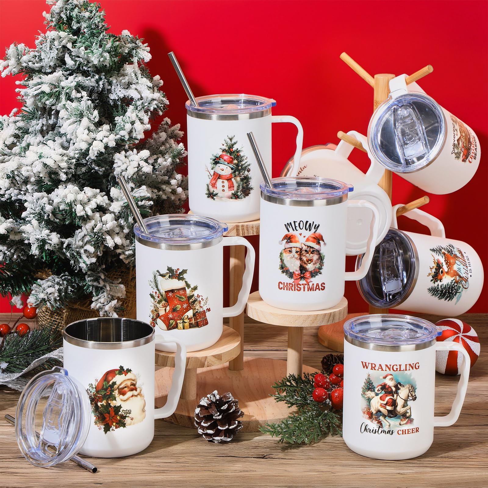 Umigy 12 Pcs Christmas Coffee Mug Employee Appreciation Gift Bulk Christmas 17oz Tumbler with Handle Vacuum Stainless Steel Insulated Xmas Cup for Coworker Nurse Teacher(White,Nostalgic Style)