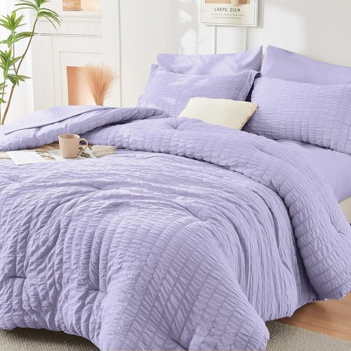 HYMOKEGE King Size Comforter Set - Light Purple Seersucker 7-Piece Luxury Bedding Set