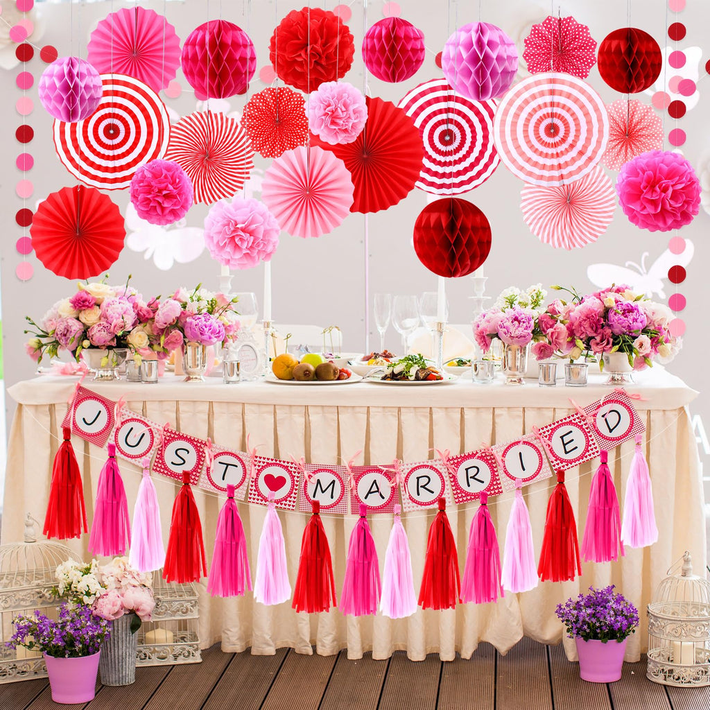 Epakh 50 Pcs Valentine's Day Decorations Paper Fans Valentine's Day Party Decoration Tassel Flowers Hanging Fans Garlands Red Pink Paper Poms Balls Streamer Decor for Wedding Birthday Bridal Shower