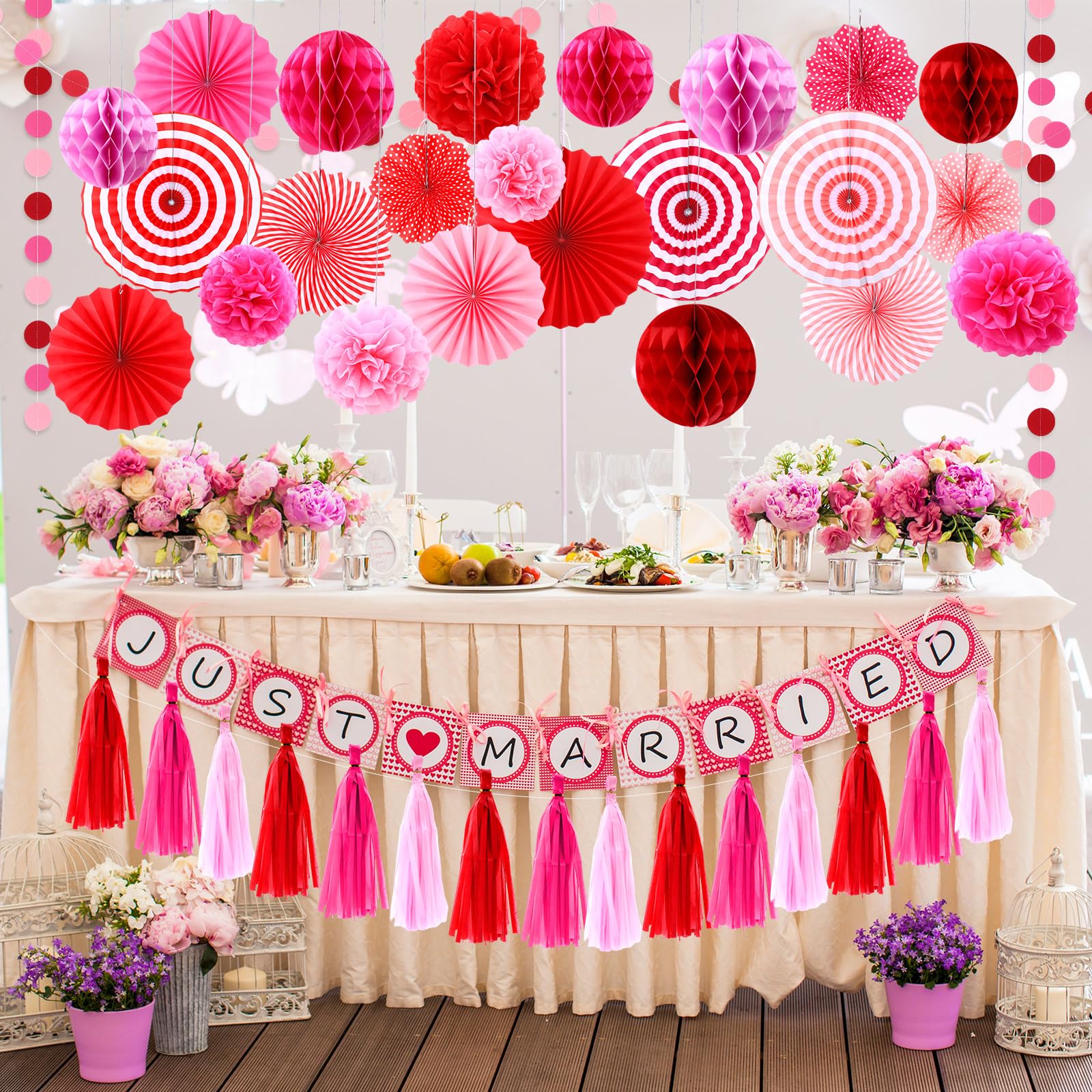 Epakh 50 Pcs Valentine's Day Decorations Paper Fans Valentine's Day Party Decoration Tassel Flowers Hanging Fans Garlands Red Pink Paper Poms Balls Streamer Decor for Wedding Birthday Bridal Shower