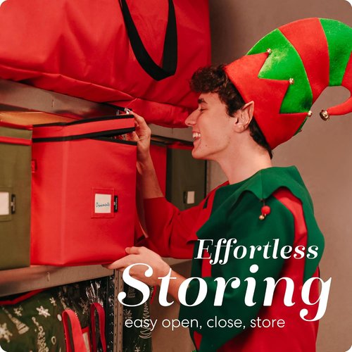 Handy Laundry Christmas Ornament Storage - Holds 64 Ornaments, Adjustable Dividers, Covered Top | Red