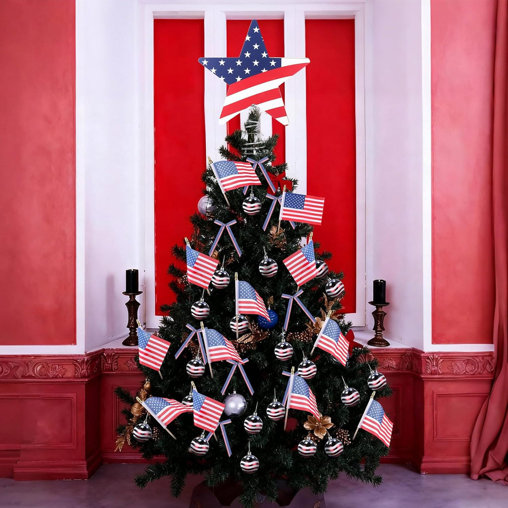 Seematn 73 Pcs Patriotic Tree Ornaments - 4th of July Decorations with Flag, Star Topper & Bows