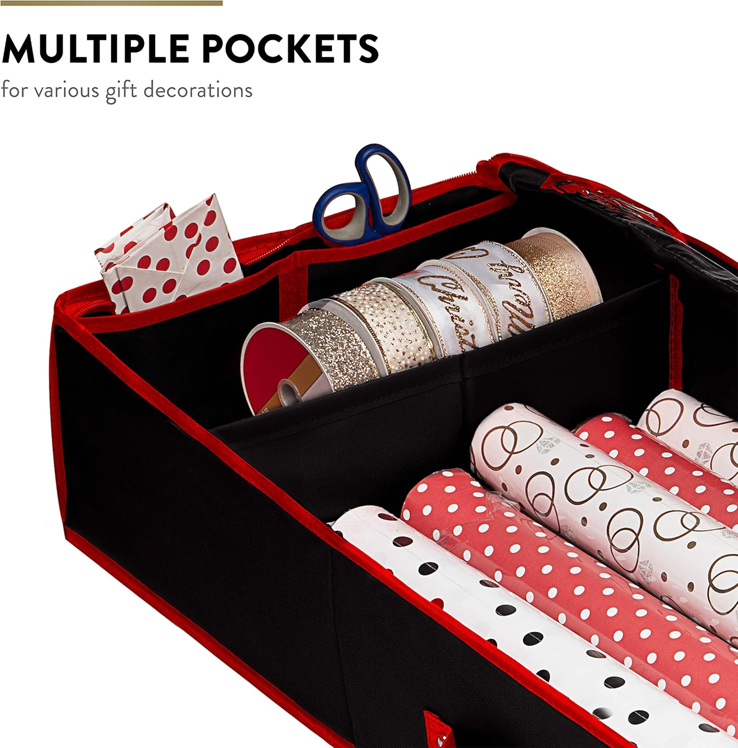 ZOBER Gift Wrapping Paper Organizer - 40" Storage for 24 Rolls with Pockets for Bows & Ribbons | Black/Red 600D Oxford