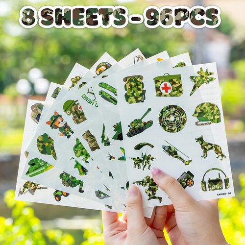 96 PCS Military Camo Pre-Cut Temporary Tattoos for Kids | Super Cute Military Themed Birthday Party Favors, Supplies, Decorations, Fake Tattoo Stickers, School Rewards & Gifts Boys & Girls, Carnival