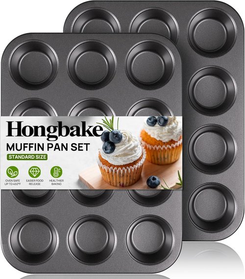 HONGBAKE Nonstick Muffin Pan - 12 Cup Cupcake Tin Set, Dishwasher Safe - Dark Grey Finish