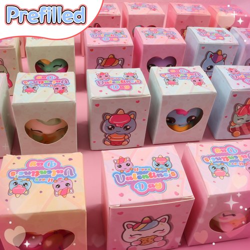 Ksmky Valentines Gifts for Kids Classroom, 24 Pack Prefilled Valentines Box with Cute Squishy Toys, Valentines Party Favors, Class Valentines for Kids Boys Girls, Classroom School Valentines Gifts