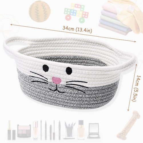 Small Woven Baskets for Organizing Rope with Handle Cute Cotton Basket for Nursery Gift Dog Cat Toy Storage Basket for Toy Organizer-Gray