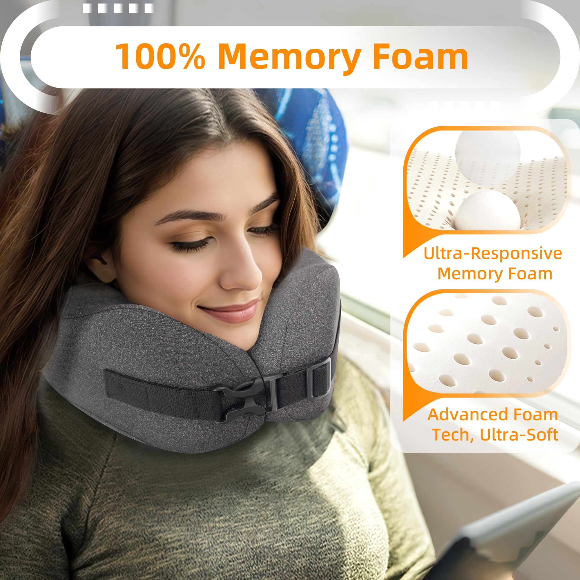nadachi Neck Pillow Airplane Travel Set - Pure Memory Foam Travel Neck Pillow, Plane Pillow for Long Flights Essentials, Sleeping with 3D Contoured Eye Mask, Earplugs, Portable Bag (Darkgray-M)