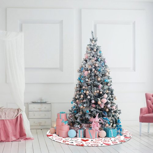 Valentine's Day Tree Skirt 48 Inch Red Love Heart Xmas Tree Skirt Indoor Outdoor Valentines Decorations Romantic Christmas Tree Mat for Home Party Holiday Decor